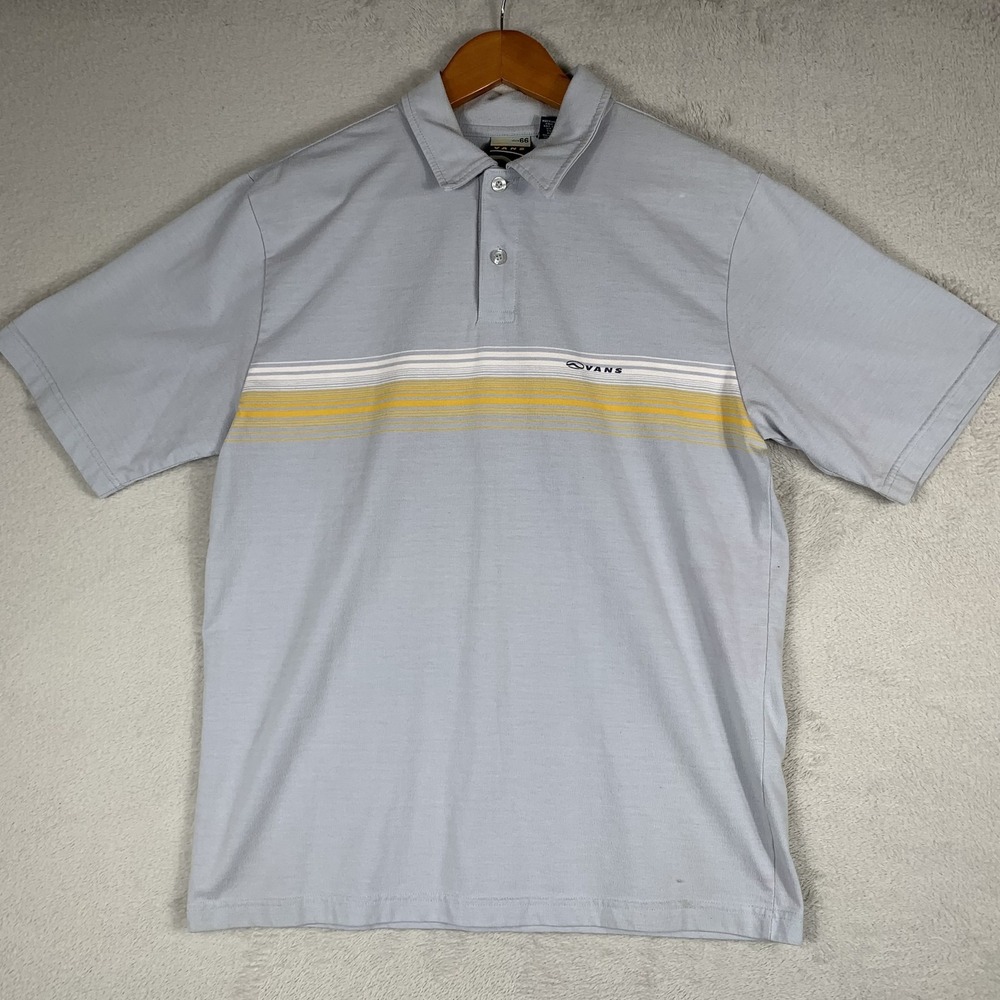 Vintage Vans Polo Shirt Mens Large Gray Yellow Stripe Skate Casual 90s FLAW